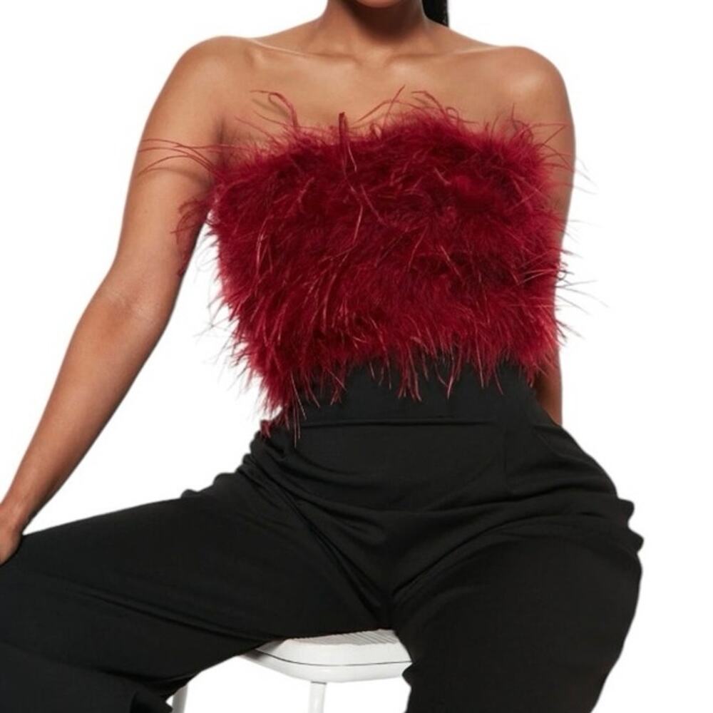 Fashion Nova Burgundy Feathered Strapless Crop Top